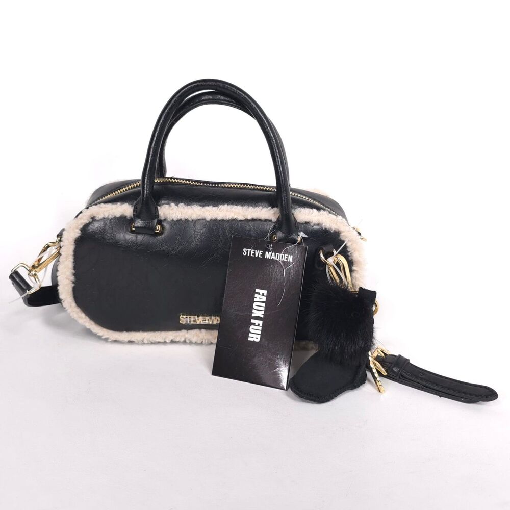 STEVE MADDEN Women New Bag Black Crossbody Gold Winter Faux Fur DT626345 BJEMMIE